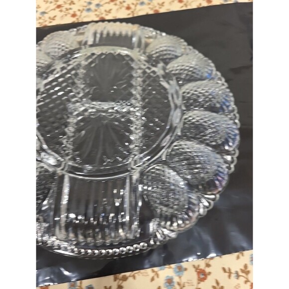 Vtg LE Smith Cut Glass Deviled Egg Plate Relish Platter Pineapple Round 10.5" - Picture 7 of 8